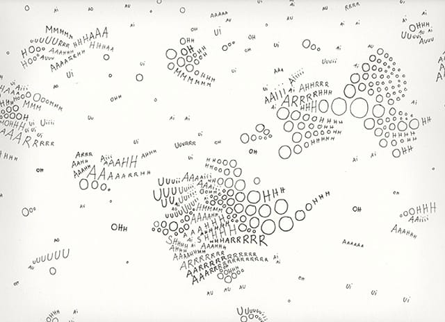 Tiago Estrada, "The Wall of Pleasure" (2013). Detail of site-specific installation. Wall drawing and sound, variable dimensions.