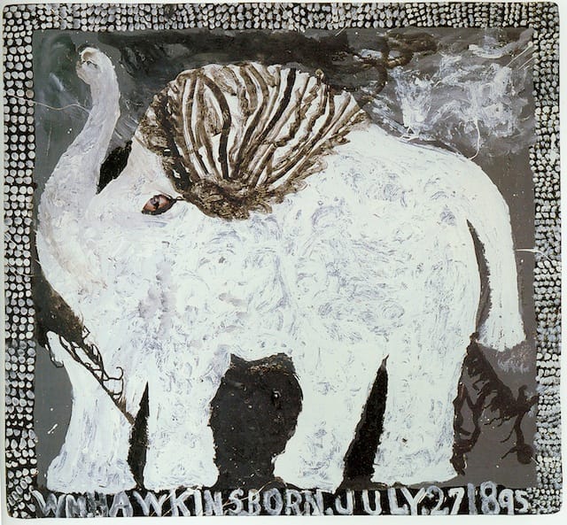 William Hawkins, "White Elephant" (1989), Enamel and collage on Masonite, 42 1/2 x 46 in; 108 x 116.8 cm 