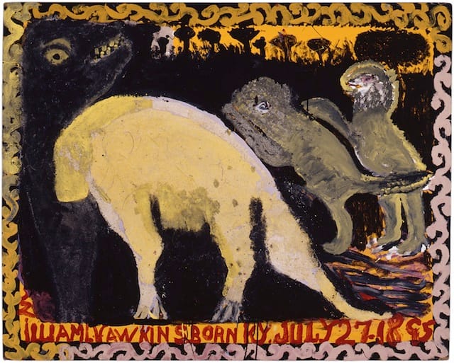 William Hawkins, "Three Dinosaurs #2" (1988), Enamel and collage on Masonite, 48 x 60 in; 121.9 x 152.4 cm 