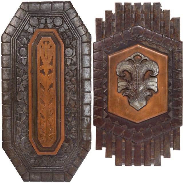 Lot 262 Philip H.Johnson Plaques(2) Designedandexecuted c. 1930 Patinated iron and bronze Studio 16.5" x 9" and 18" x 9" Provenance: Philadelphia Convention Hall, Pennsylvania (1930-2005); Private Collection, California Estimate: $1,500 - $2,000