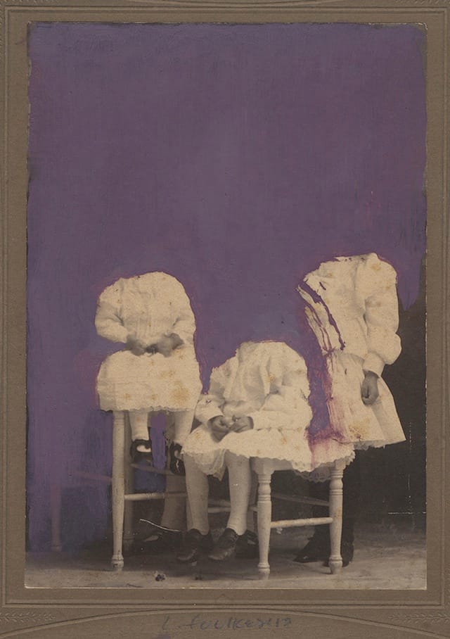 Llyn Foulkes, "Three Sisters" (2013). Oil on photograph, mounted on board. 7 15/16 x 5 15/16 inches.