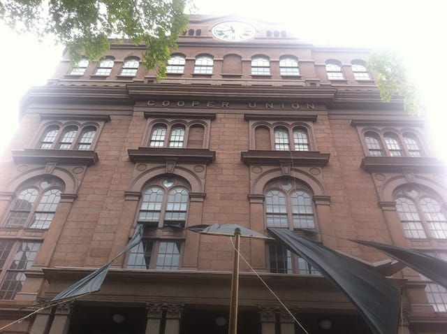Black banners have been unfurled from the second floor of the Foundation Building