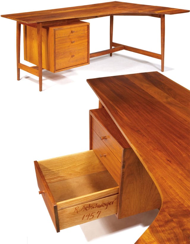 Lot 286 Richard Artschwager Desk 1957 Americanwalnut Studio Signedand dated "R. Artschwager 1957" 29" x 66.25" x 43" Exhibited: "Furniture by Craftsman", Museum of Contemporary Crafts, New York, 1957 Illustrated: Armstrong, Richard. Artschwager, Richard. New York: Whitney Museum of Art, 1988. p 15. Estimate: $7,000 - $10,000