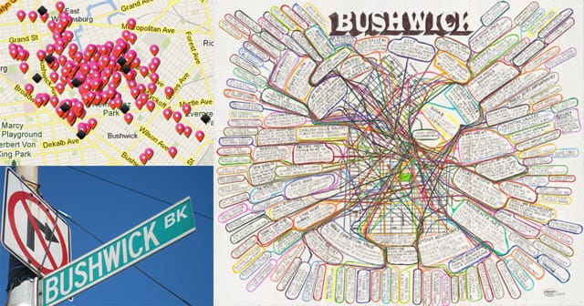 Clockwise from top left: A view of the 600+ locales on the BOS 2013 map, a Bushwick benefit print by Loren Munk for Arts in Bushwick, and just in case you didn't know where you were.