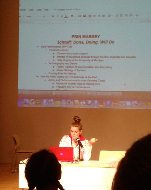 Artist Erin Markey presenting her business plan at the New Museum, May 4, 2013. (photo by author for Hyperallergic)
