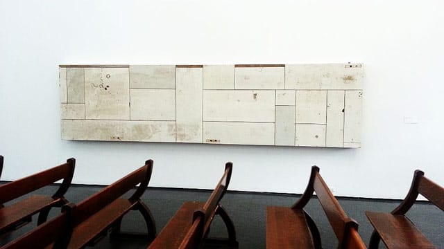 Pews in the atrium, part of Theaster Gates's "13th Ballad" at MCA Chicago