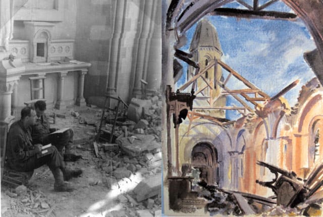 Left: troops sketching in a bombed-out church in Trevieres; right: one of the men's paintings of the same church