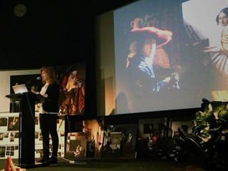 April Gornik speaks about the painting "Girl with a Red Hat"  at Vermeer's Daughter--a symposium at NYU's Cantor Film Center on May 18th. (click to enlarge)