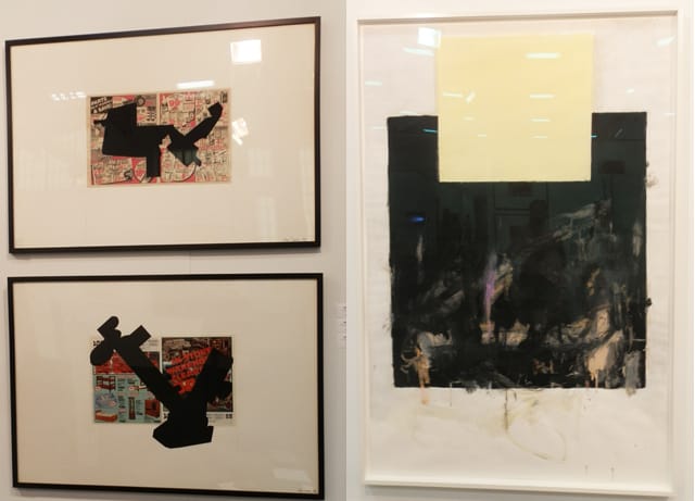 Anne Doran, "Black Monday VII and V" (1988), flashe on advertising paper and Scott Treleaven, "Medea" (2012), pastel, crayon, pencil, house paint, gouache and collage on paper