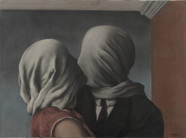 René Magritte, "Les amants (The Lovers)" (1928), oil on canvas. 21 3/8 x 28 7/8″ (54 x 73.4 cm) (Museum of Modern Art. Gift of Richard S. Zeisler. © Charly Herscovici -– ADAGP – ARS, 2013)