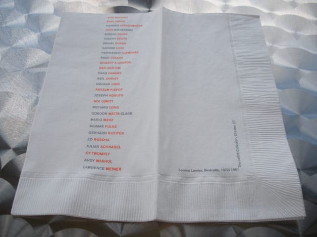 The napkins at Dia:Beacon's cafe are the key for Louise Lawler's "Birdcalls." Names in orange are the ones called.