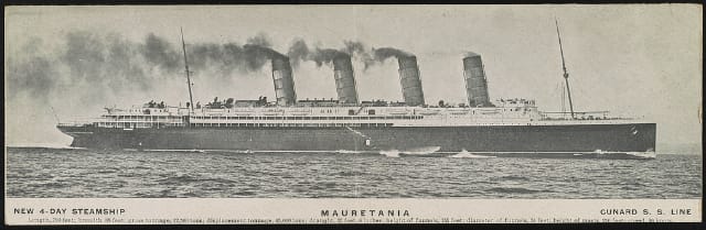 Mauretania Date Created/Published: [1908]. Medium: 1 print (postcard). Summary: Postcard shows panoramic view of the steamship Mauretania.