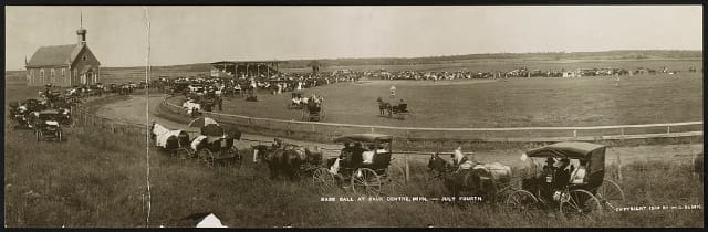Base ball at Sauk Centre, Minn., July Fourth Creator(s): Olson, W. O., photographer Date Created/Published: Alexandria, Minn. : W. O. Olson ; c1908. Medium: 1 photographic print (postcard). Summary: Postcard shows baseball game within a race track on prairie, horse and buggies surround the track, stadium, church or school house.