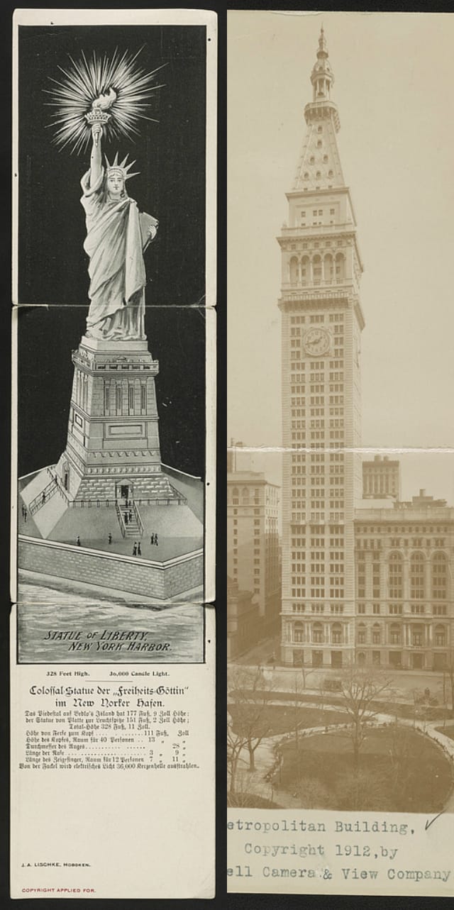 Statue of Liberty, New York Harbor Creator(s): Lische, J.A., artist Date Created/Published: c1901. Medium: 1 photomechanical print (postcard) Summary: Postcard shows rendering of Statue of Liberty with lighting eminating from the torch and people entering the base.Metropolitan Building Date Created/Published: c1912. Medium: 1 photographic print (postcard) Summary: Postcard shows the Metropolitan Building and surrounding buildings and park.
