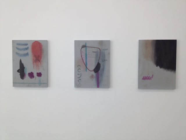 Amanda Ross-Ho. Untitled Painting (BLINK 182); Untitled Painting (CRADLE OF FILTH);Untitled Painting (HALLOWEEN NIGHT!).  All paintings dated 2013; acrylic on dyed canvas 24h x 18w in (60.96h x 45.72w cm)