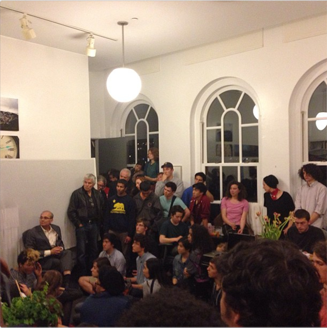 Jamshed Bharucha speaks with students in his office for the first time since last week's occupation. (image via Instagram user pleasedontfront)