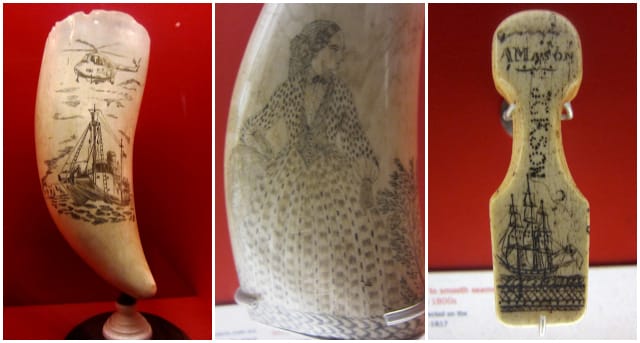Three examples of scrimshaw, including one from 1958 on the left with a modern whaling helicopter. 