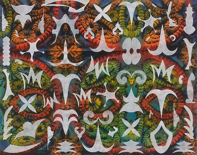Philip Taaffe, "Earth Star I" (2013), mixed media on canvas, 73 1/2 x 93 1/2 inches (186.69 x 237.49 cm)