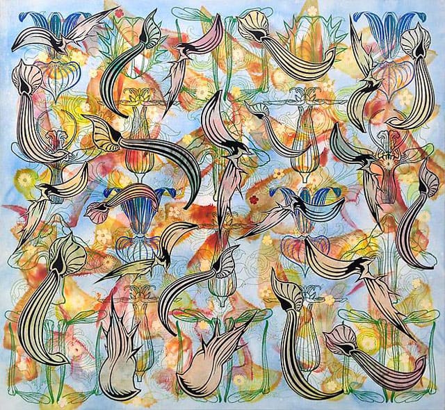 Philip Taaffe, "Flowering Loculu" (2010–11), mixed media on linen, 80 1/2 x 87 1/4 inches (204.47 x 221.62 cm)