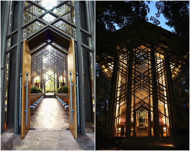 Thorncrown Chapel in daylight and night
