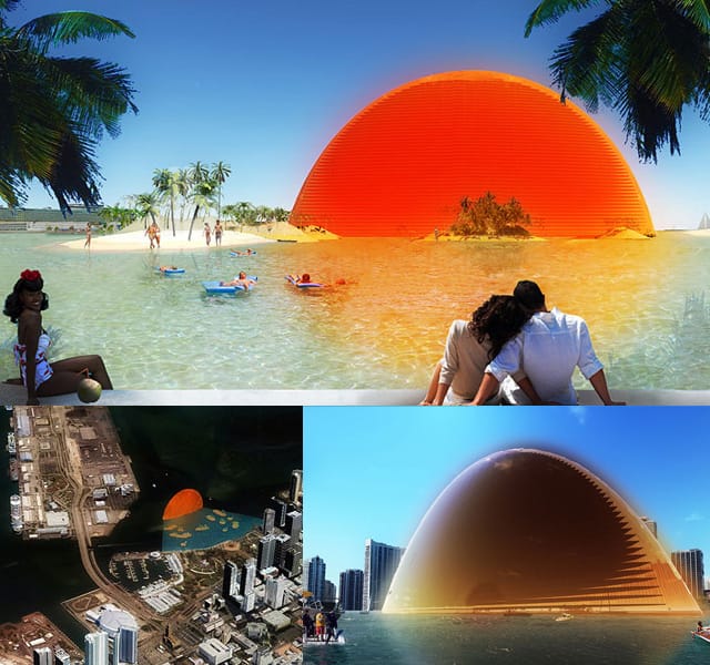 Visiondivision entered this unusual proposal called "The Miami Sun" into a contest and it hopes to be a landmark proposal in Miami's Bayfront Park. The designers explain the idea for this hotel, landmark, casino, and leisure land as follows: "The new monument is a thin, half sphere-shaped hotel with a casino on its lower floors and an observation deck on its upper floors, which gradually shifts its colors during the day, mimicking a dimmed sun at daytime and creating spectacular sunrises and blazing sunsets for the park at dusk and dawn. At night time it shifts to a moon. The sun and the tropical archipelago will be a relaxed and positive monument that many people also can enjoy physically and that symbolize both the laid back way of the Miami lifestyle as well as the flamboyant decadence." (via designboom)