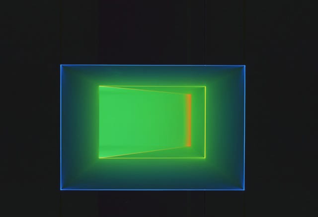 James Turrell, "Key Lime" (1994), wedgework: flourescent and LED light into space with fiber-optic light, dimensions vairable. Collection of LACMA.