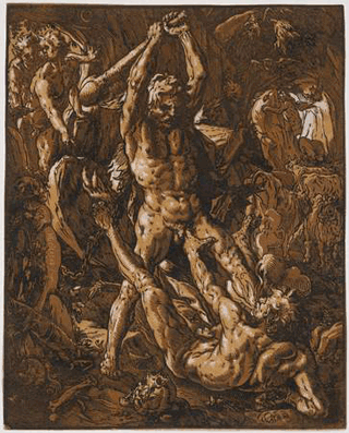 Hendrick Goltzius, "Hercules Killing Cacus" (1588), chiaroscuro woodcut.