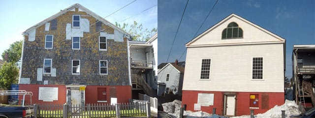 Left: The Abyssinian Meeting House in 2009 (via Wikipedia); right: a more recent photo of the house under restoration (via abyme.org)