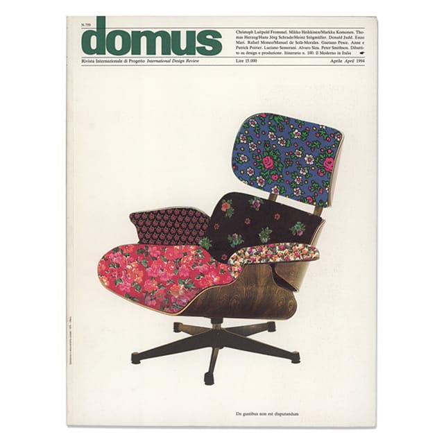 Cover design for April 1994 Domus magazine, where Fletcher collaged an Eames chair with floral patterns, a take on the Milan Furniture Fair's "creative outrage"