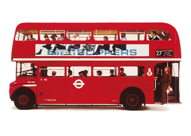 "London bus advert: Pirelli slippers" (1962), an advertisement which was put on the sides of the upper deck of the London buses