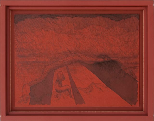 Matthew Barney, “RIVER ROUGE: Crown Victoria” (2011), ink on paper in painted steel frame. 11 3/8 x 14 3/8 x 1 1/2 in (Julia Reyes Taubman and Robert Taubman, © Matthew Barney) (all images courtesy the Morgan Library Library & Museum and Gladstone Gallery, New York and Brussels)