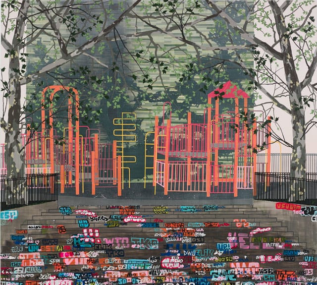 Erik Benson, "Playground (Steps)" (2013), acrylic on canvas over panel, 54 x 60 / 137.2 x 152.4 cm