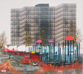 Erik Benson, "Playground (Weeds)" (2013), acrylic on canvas over panel, 64 x 72 in / 162.6 x 182.9 cm (click to enlarge)