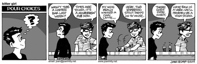 Joan Hilty, "Pour Choices" (Sept 24, 2012), from her comic strip "Bitter Girl" (via joanhilty.net)