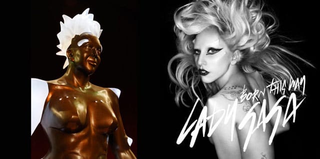 Left: Orlan, "Bump Load" (2009), mixed media, 170 x 100 x 200 cm (via orlan.eu); right: cover image for Lady Gaga's "Born This Way"