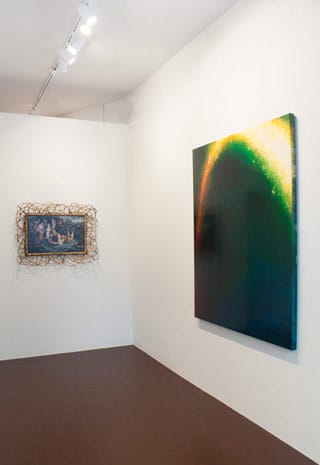 "Dan Colen: The spirits that I called" (2013) installation view, including John Anster Fitzgerald, "Titania and Bottom: A Scene from a Midsummer-Night’s Dream" (ca. 1848-1851), oil on canvas, 17 ½ x 27 inches; and "TBT (to be titled)" (2013), oil and pigment on canvas, 60 x 49 inches (click to enlarge) (image courtesy Oko) 