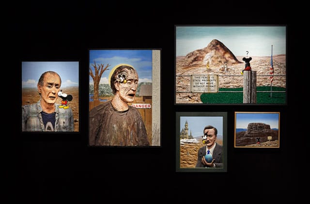 "Llyn Foulkes," New Museum, June 12–September 1, 2013, installation view: clockwise from left: "The Corporate Kiss" (2001); "But I Thought Art was Special (Mickey and Me)" (1995); "The Western Viewpoint" (1995); "The Legend of Mickey Rat" (1996); "To Ub Iwerks (Portrait of Walt Disney)" (1995) (photo by Benoit Pailley)