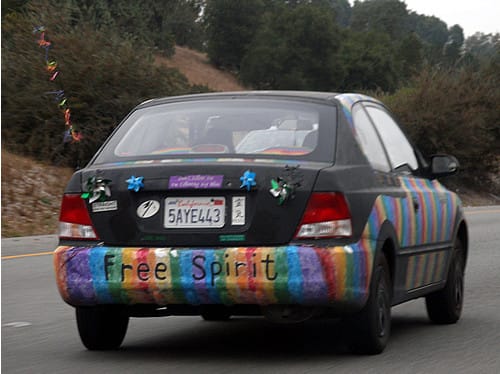 This is an art car depicting the hippy rainbow (via Wikimedia)