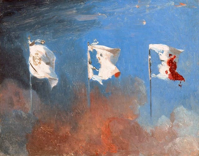 Léon Cogniet's "Scene in July 1830," also known as "The Flags" (1830), shows the transformation of the white flag of the monarchy into the Tricolor. (via Wikipedia)