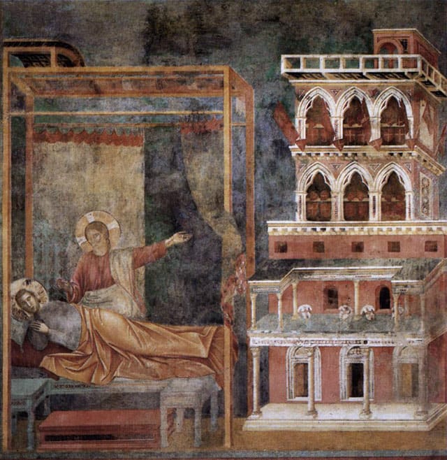 Giotto, "Legend of St Francis: Dream of the Palace: (1297–99), fresco, 270 x 230 cm (Upper Church, San Francesco, Assisi) (image via Web Gallery of Art)