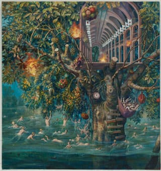 Julie Heffernan, "Tree House" (2011), oil on canvas, 64 x 60 in (click to enlarge)