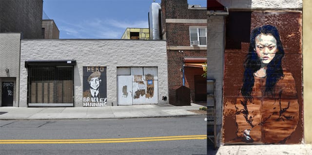 The original Nassau Avenue mural in June 2011, and the temporary "cover up" by Oscar on the right.