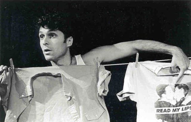 Tim Miller performing in his show Shirts & Skins, 1997. (Source: Tim Miller)
