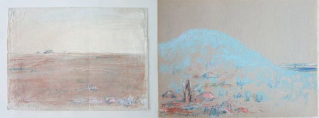 An early (left) pastel work by Still dating from 1923 and a late work (right) in the same medium from 1968.