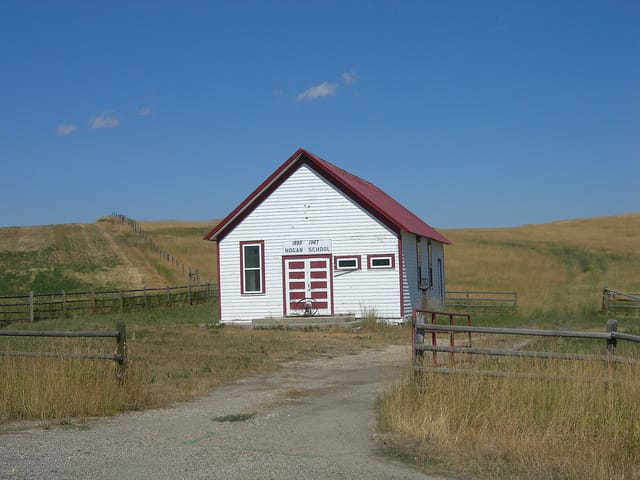 An old one-room schoolhouse called the Hogan School in rural Montana (via jimmywayne on Flickr)