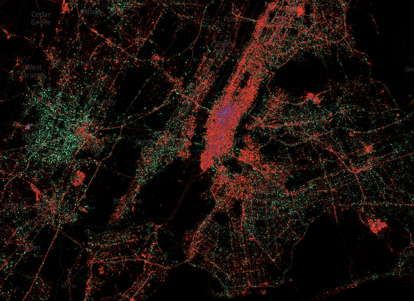 Gnip, MapBox and "dataviz guru" Eric Fischer compiled data about smartphone users that tweet and the plotted them on maps. The results suggest you can find out where the rich live by figuring out where the iPhones are. This map of New York clearly shows the heatmap of "money" and that patch of green (which means Android) on the left is Newark, NJ. The purple in Midtown Manhattan is Blackberry, probably because those corporate types love them. There are similar maps for DC, Chicago, and LA. (via Atlantic)