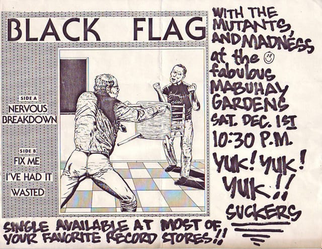 A rather thorough collection of posters designed by Raymond Pettibon for the classic Californian punk band Black Flag, including some that are very disturbing. (via Vice)