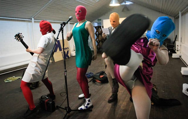 Pussy Riot in action, from the film "Pussy Riot: A Punk Prayer" (courtesy Roast Beef Productions/the filmmakers)