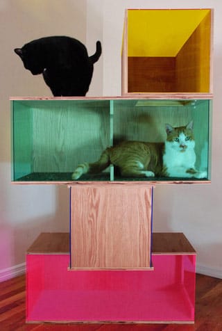 Included in "The Cat Show": Sam Roeck, "Contemporary Art Sculpture for Cats #2" (2013), oak, Plexiglas, carpet, linoleum, 52 x 30 x 30 in (courtesy the artist) (click to enlarge)