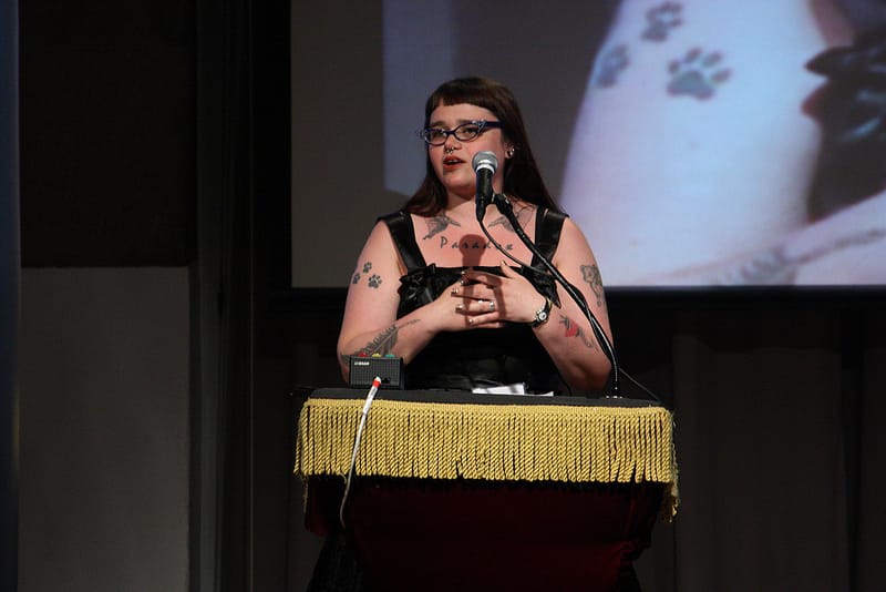 Sassafras Lowrey accepting her Dr. Betty Berzon Emerging Writer Award at the 25th Annual Lambda Literary Awards, June 3, 2013 (Photo: David Martin)